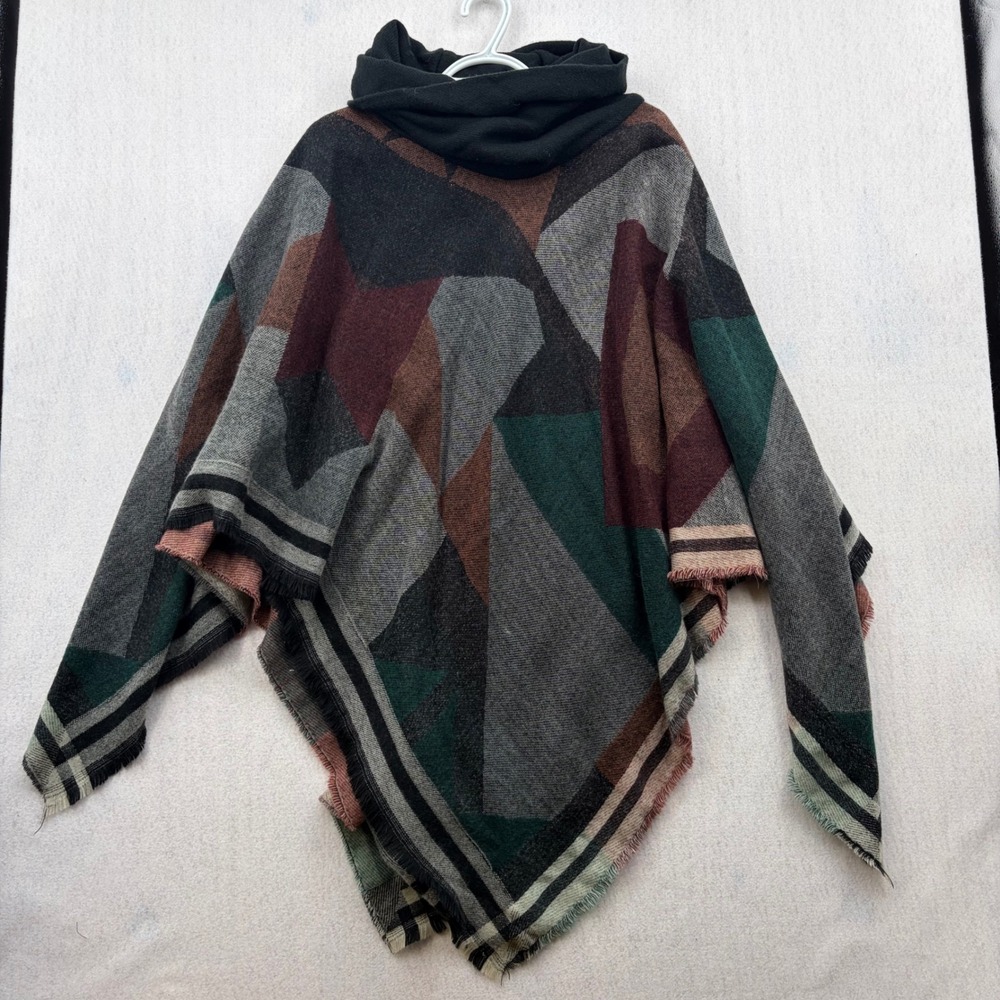 Free People Cowl Neck Geometric Print Poncho One Size Multi-Color Fringed Edge